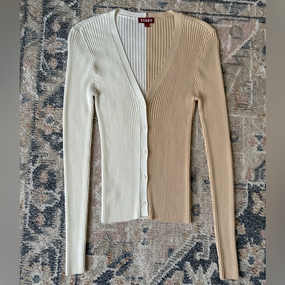 Staud Cargo Colorblock Ribbed Cardigan V Neck Stretchy Sweater Size Small - Picture 4 of 10